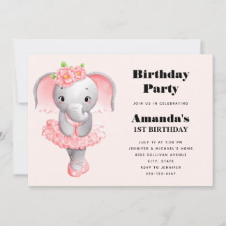 Niedlicher Elephant Ballerina Pink & Grau Geburtst Einladung