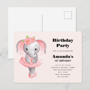 Niedlicher Elephant Ballerina Pink & Grau Geburtst Einladungspostkarte
