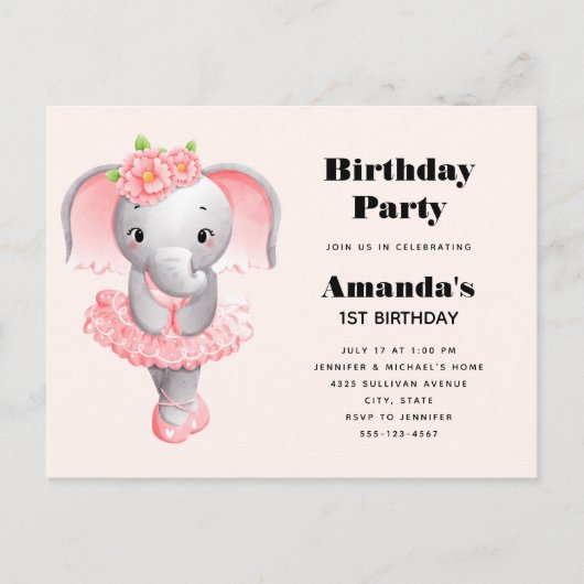 Niedlicher Elephant Ballerina Pink & Grau Geburtst Einladungspostkarte (Vorderseite)