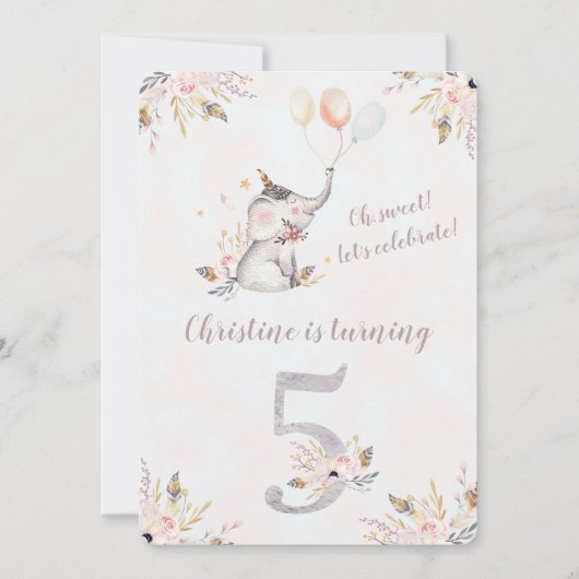 Niedlicher Elephant Boho Floral Fünftter Geburtsta Einladung (Vorderseite)