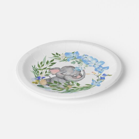 Niedlicher Elephant Florals Foliage Blue Baby Dusc Pappteller (Schrägansicht)