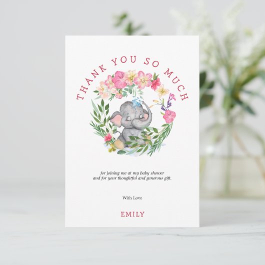 Niedlicher Elephant Florals Foliage Pink Babydusch Dankeskarte (Stehend Vorderseite)