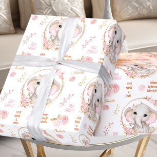 Niedlicher Elephant, floralweißer Rosa Mädchenname Geschenkpapier