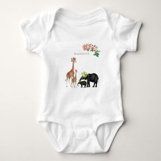 Niedlicher Elephant & Giraffe Bloral Name Baby Baby Strampler (Vorderseite)