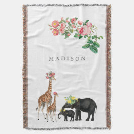 Niedlicher Elephant & Giraffe Bloral Name Baby Decke