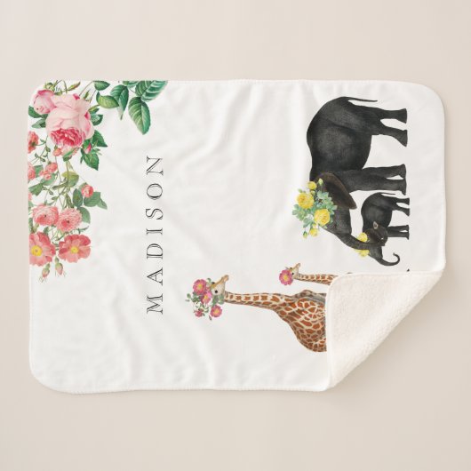 Niedlicher Elephant & Giraffe Bloral Name Baby Sherpadecke (Vorderseite (Horizontal))