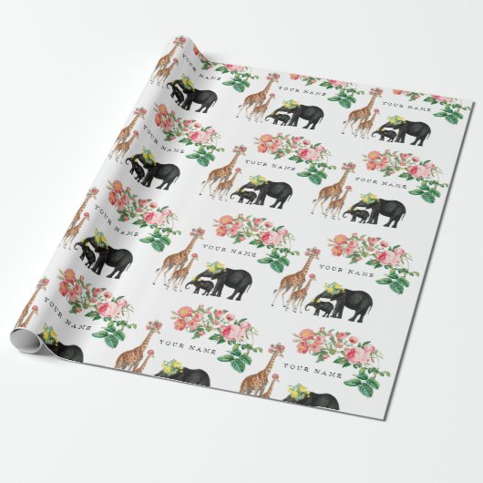 Niedlicher Elephant & Giraffe Individuelle Name Geschenkpapier (Ungerollt)