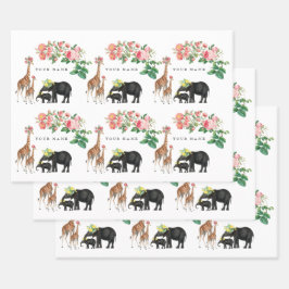 Niedlicher Elephant & Giraffe Individuelle Name Geschenkpapier Set