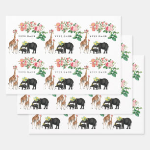 Niedlicher Elephant & Giraffe Individuelle Name Geschenkpapier Set