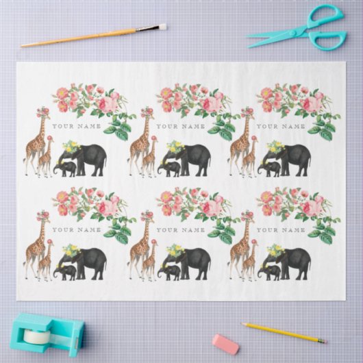 Niedlicher Elephant & Giraffe Individuelle Name Seidenpapier (Basteln)