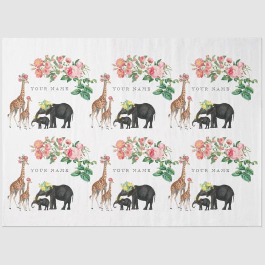 Niedlicher Elephant & Giraffe Individuelle Name Seidenpapier (Vorderseite)