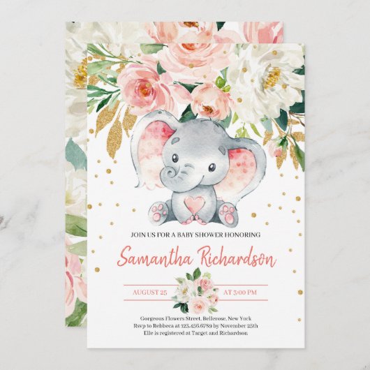 Niedlicher Elephant Rustikaler BLush Pink FLoral B Einladung (Vorne/Hinten)