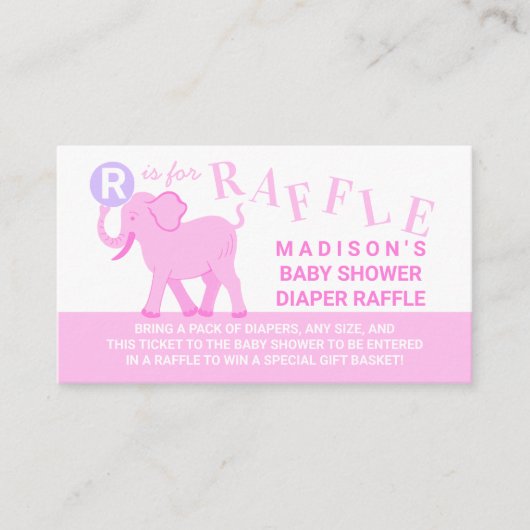 Niedlicher Elephant-Windeln-Raffle-Ticket in Rosa Begleitkarte (Vorderseite)
