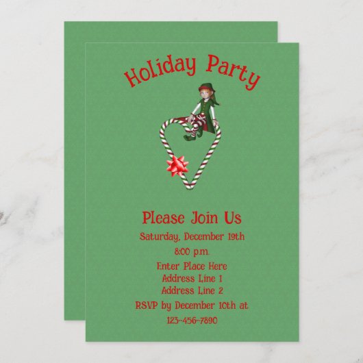 Niedlicher Elf auf Candy Cane Herbst Weihnachtsfei Einladung (Vorne/Hinten)