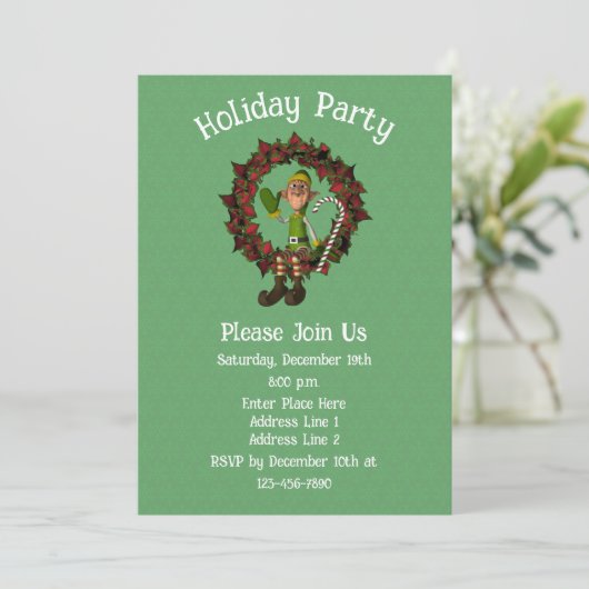 Niedlicher Elf auf Poinsettia Wreath Weihnachtsfei Einladung (Stehend Vorderseite)