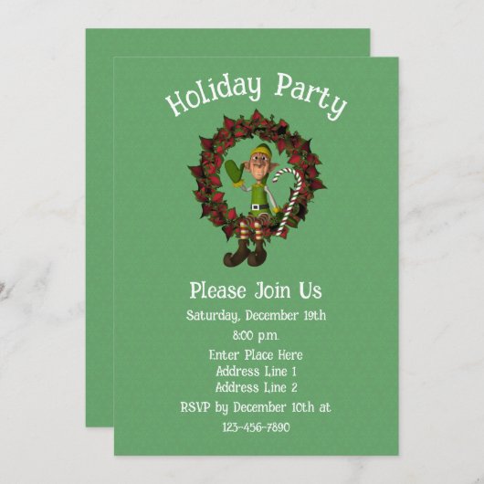 Niedlicher Elf auf Poinsettia Wreath Weihnachtsfei Einladung (Vorne/Hinten)