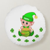 Niedlicher Elf, Goldtopf und glückliche Kleeblätte Rundes Kissen (Rückseite)