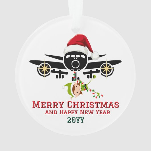 Niedlicher Elf im Flugzeug & Weihnachtsmannmütze,  Ornament (Rückseite)