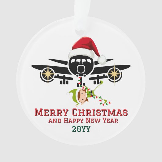 Niedlicher Elf im Flugzeug & Weihnachtsmannmütze, Ornament (Vorderseite)