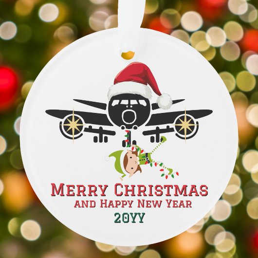 Niedlicher Elf im Flugzeug & Weihnachtsmannmütze, Ornament