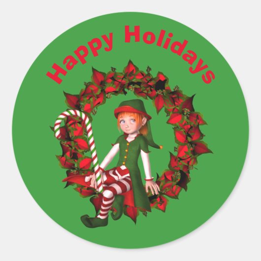 Niedlicher Elf im Kranz Weihnachtsfeiertag Runder Aufkleber (Vorderseite)