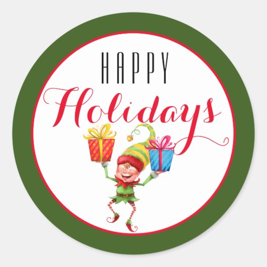 Niedlicher Elf mit Geschenken Glücklicher Urlaub/G Runder Aufkleber (Vorderseite)