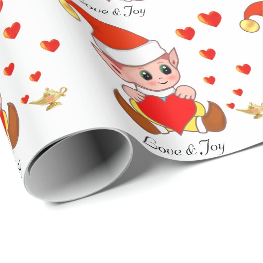 Niedlicher Elf mit Liebe Herz auf weißem Hintergru Geschenkpapier (Rolleneckpunkt)