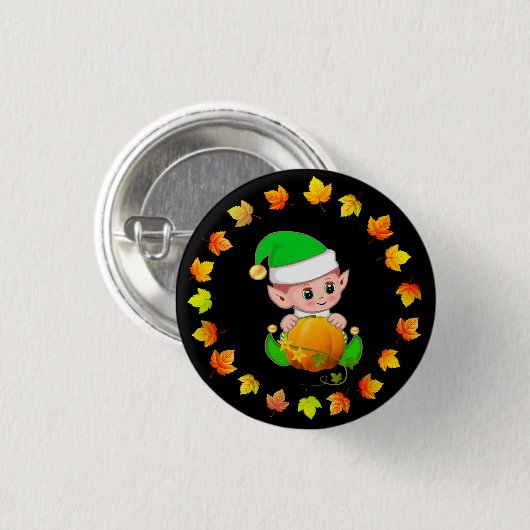Niedlicher Elf mit Pumpkin und Herbstlauben auf Sc Button (Vorne & Hinten)