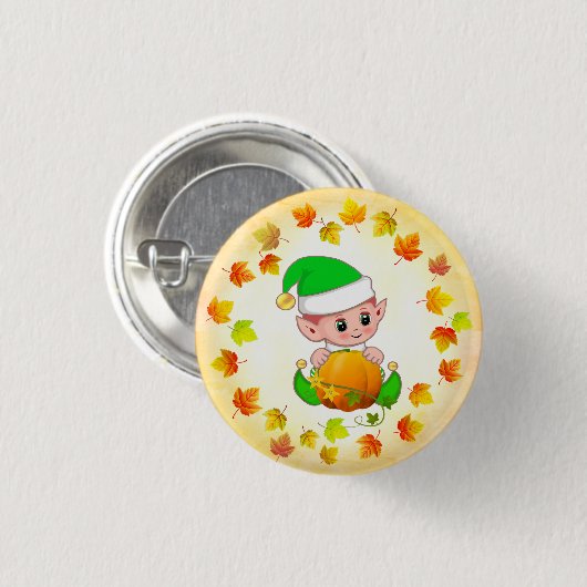 Niedlicher Elf mit Pumpkin und Holiday-Herbstlaube Button (Vorne & Hinten)