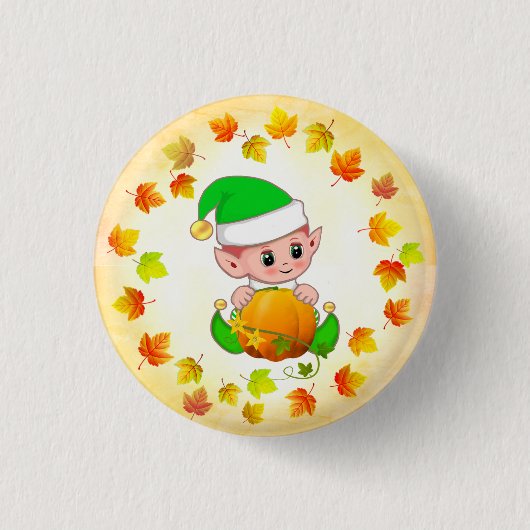 Niedlicher Elf mit Pumpkin und Holiday-Herbstlaube Button (Vorderseite)