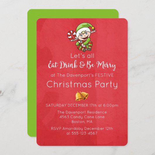 Niedlicher Elf mit Weihnachtsfeiertag Einladung (Vorne/Hinten)