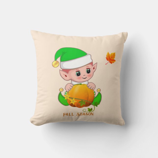 Niedlicher Elf & Pumpkin auf Light Beige Kissen (Vorderseite)
