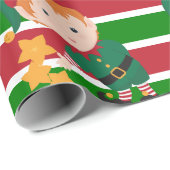 Niedlicher Elf Rot und Grüne Streifen Weihnachten Geschenkpapier (Rolleneckpunkt)