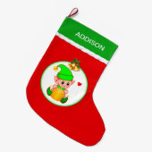 Niedlicher Elf und Weihnachtsglocken auf Rot Großer Weihnachtsstrumpf (Vorderansicht (hängend))