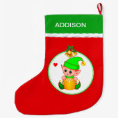 Niedlicher Elf und Weihnachtsglocken auf Rot Großer Weihnachtsstrumpf (Rückseite)