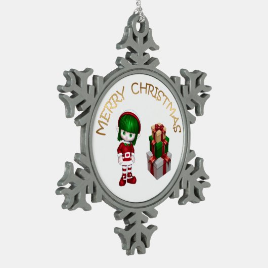 Niedlicher Elf Weihnachten Schneeflocken Zinn-Ornament (Links)