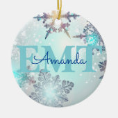 Niedlicher EMT Ice Blue Snowflake Personalisierter Keramik Ornament (Vorne)