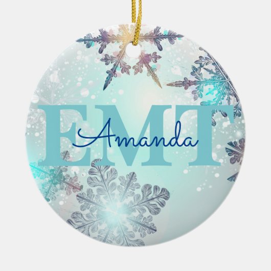Niedlicher EMT Ice Blue Snowflake Personalisierter Keramik Ornament (Vorne)