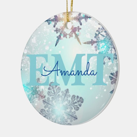 Niedlicher EMT Ice Blue Snowflake Personalisierter Keramik Ornament (Links)
