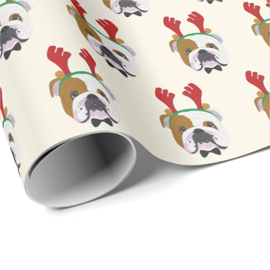 Niedlicher englischer Bulldog mit Reindeer Hat - W Geschenkpapier (Rolleneckpunkt)