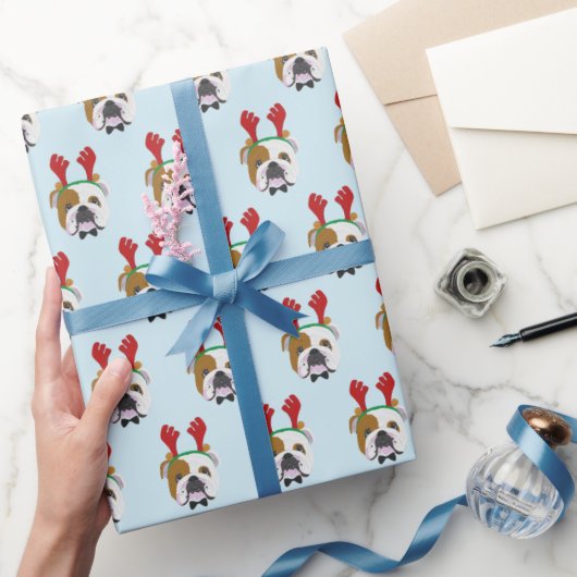 Niedlicher englischer Bulldog mit Reindeer Hat - W Geschenkpapier (Schenken)