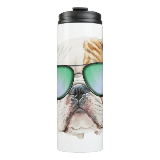 Niedlicher englischer Bulldog mit Sonnenbrille, lu Thermosbecher (Vorderseite)