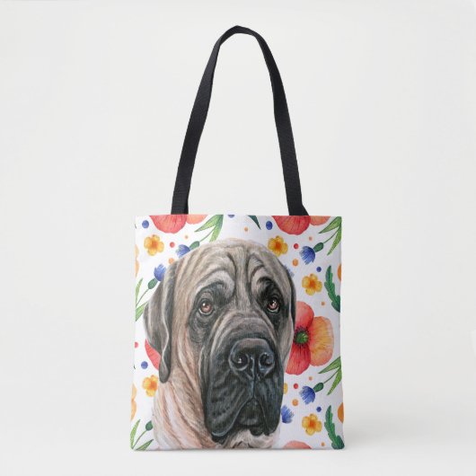Niedlicher englischer Mastiff mit rotem Mohn-Blume Tasche (Vorderseite)
