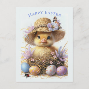 Niedlicher Entling Strohhut Ostern Ei Blumen Postkarte