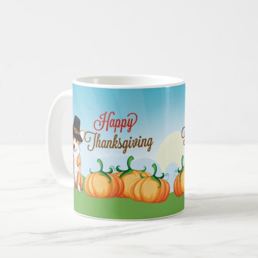 Niedlicher Erntedank Corgi in Pilgrim Hat Kaffeetasse (Vorderseite Links)