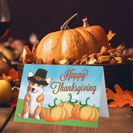 Niedlicher Erntedank Corgi in Pilgrim Hat Karte