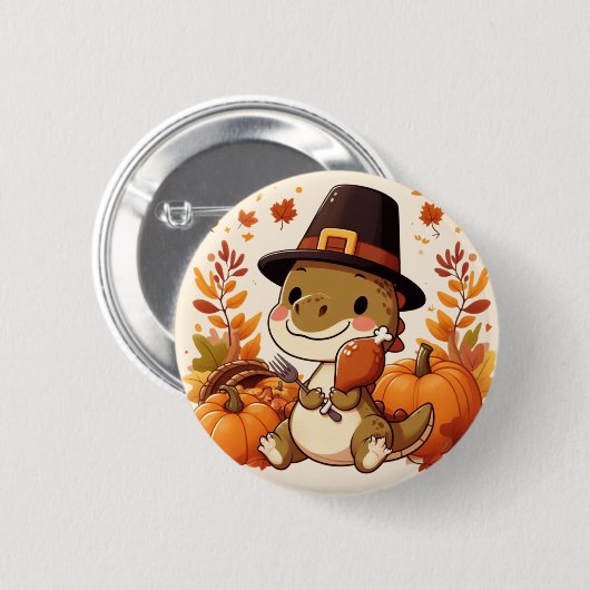Niedlicher Erntedank Dinosaurier Button (Vorne & Hinten)