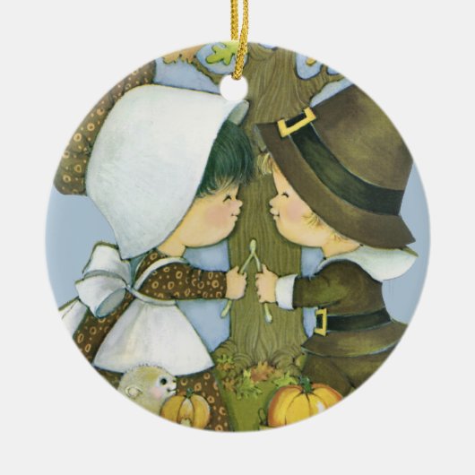 Niedlicher Erntedank Pilgrim wünscht Keramik Ornament (Vorne)