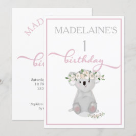 Niedlicher Erster Geburtstag Koala Blumenrosa Einladung