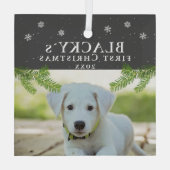 Niedlicher Erster Weihnachtsjunge Hunde Foto Pine Ornament Aus Glas (Rückseite)